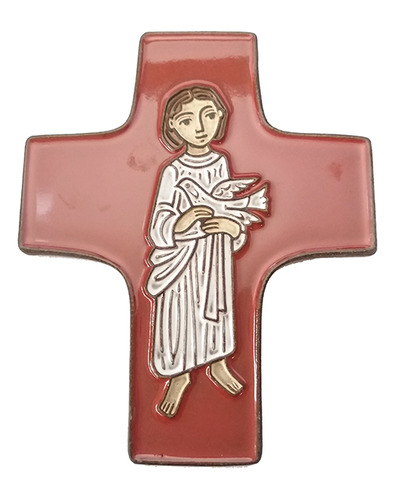 Kruisbeeld Jongen met duif keramiek rood