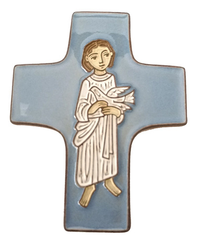 Kruisbeeld Jongen met duif keramiek blauw
