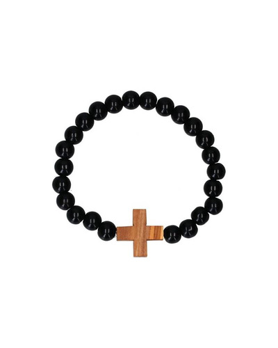 Bel-art - Armband elastiek zwart met houten kruis